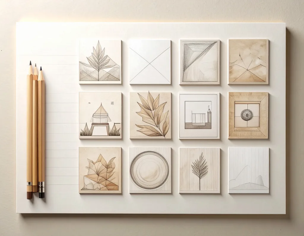 Minimalistische schets van de ideale hoeveelheid werk in een portfolio, weergegeven als tien geselecteerde projecten.