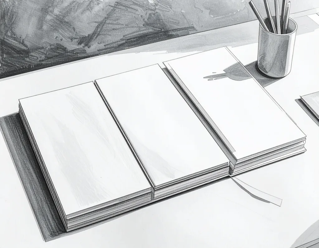 Minimalistische potloodschets van een open portfolio met drie geselecteerde projectvakken, gericht op de ideale klant. Veel witruimte, neutrale compositie, zonder details of afleiding.