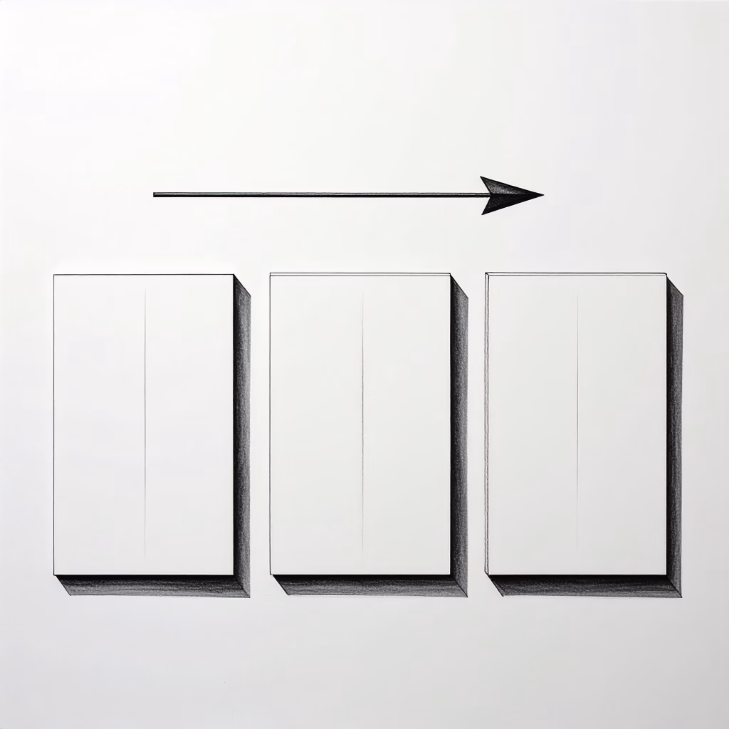 “Minimalistische schets van drie portfolio‑vakken met pijl, als visuele weergave van storytelling in een creatief portfolio.