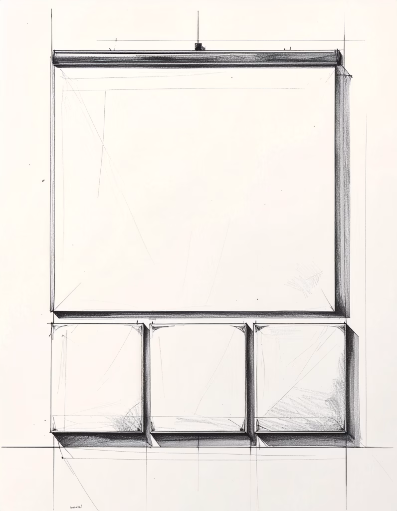 Minimalistische schets van een slide‑indeling met titelbalk en drie vakken, als visuele weergave van consistent design in PowerPoint en Keynote.